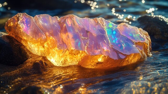 Raw Amber Gemstone With Iridescent Colors Resting On A Dark Reflective Surface.