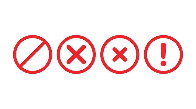 Set of four red circular warning and prohibition signs including a slash, two different cross marks, and an exclamation mark isolated on transparent background