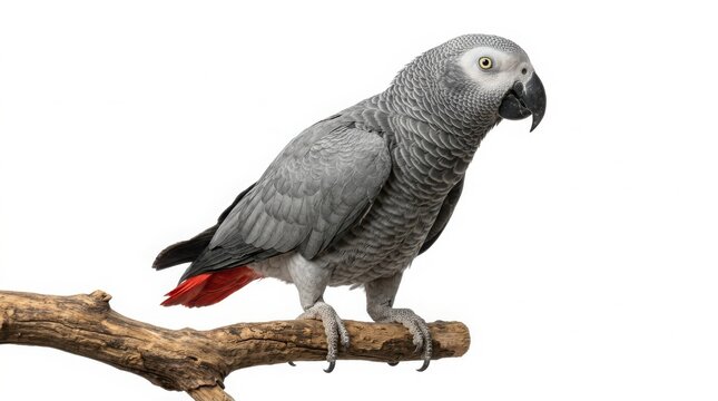 African grey parrot perched on a branch looking sideways against a white background with exotic bird pet bird psittacus erithacus grey feathers red tail animal portrait bird watching