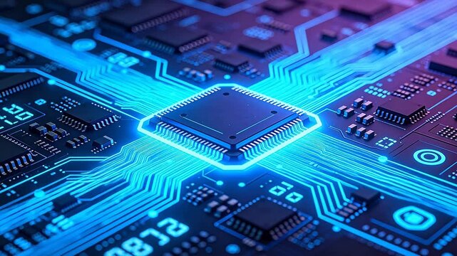 Electronic circuit board closeup with central microchip and glowing blue purple traces