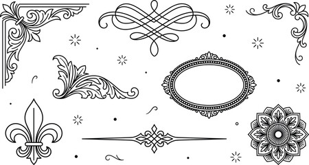 Vintage decorative design elements set featuring line art illustrations of baroque corner borders, fleur de lis, oval frame, calligraphic flourishes, and filigree ornaments © Al