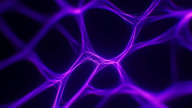 Glowing purple and magenta light strands flow across a black background, bending into overlapping loops and crossing lines as the luminous abstract pattern shifts smoothly