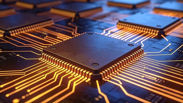 Electronic circuit board close up with gold lines and microchips on dark substrate