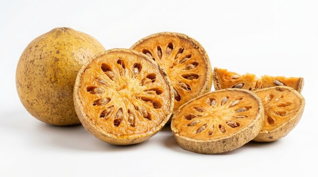 Whole and sliced wood apple fruit or bael fruit isolated on a white background with exotic fruit tropical fruit bengal quince stone apple organic food raw food asian food photography