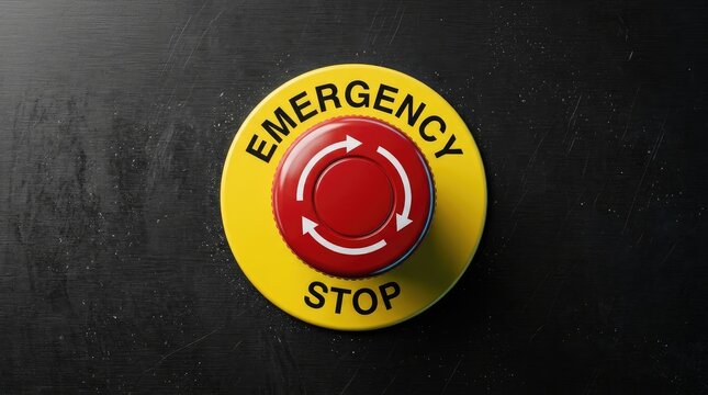 Industrial red emergency stop button set on a dark textured black metal surface for safety