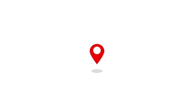 A simple red map pin marker with a subtle gray shadow centered on a clean white background representing location and navigation concepts. Keywords: location, map, pin, marker, navigation, symbol
