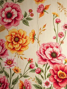 Faded floral wallpaper with a worn, textured finish and muted colors, floral,  ornate
