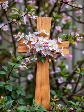 Handcrafted wooden cross adorned with spring blossoms and green foliage,  renewal,  religious decor