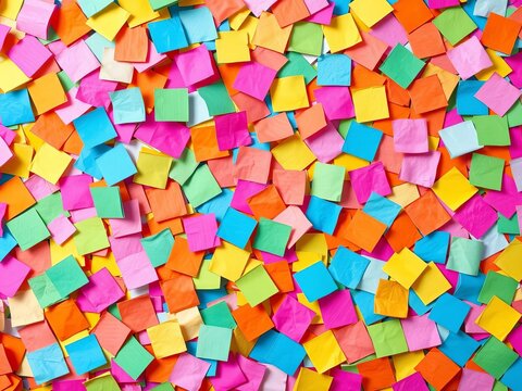 Scattered small paper shapes, vibrant hues mix in a lively, dynamic pattern, party,  vibrant