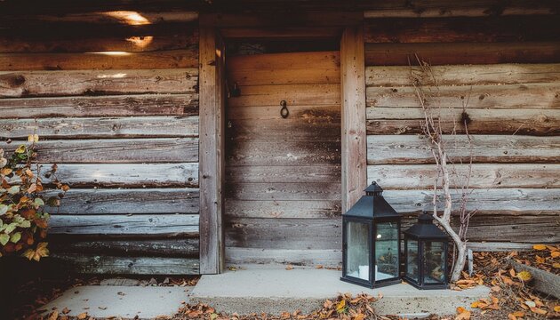Rustic wooden log cabin entrance with autumn leaves and black lanterns