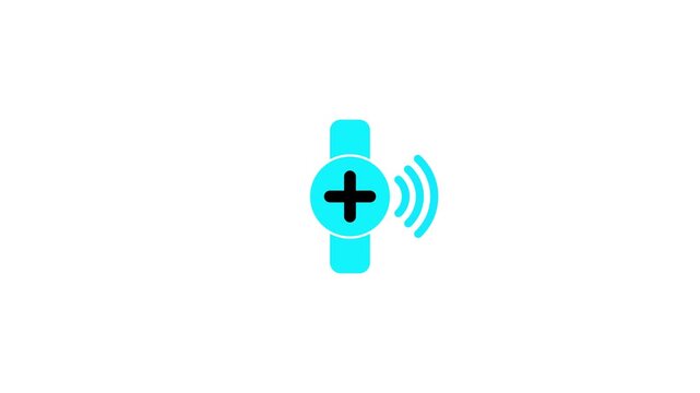 A minimalist featuring a cyan band resembling a smartwatch strap with a black plus sign in the center and three radiating cyan waves indicating a signal or notification