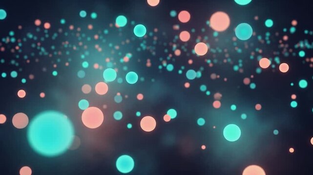 Dark abstract background featuring tropical teal and coral glowing orbs floating through layered luminous haze, creating a dreamy colorful atmosphere with smooth seamless motion.