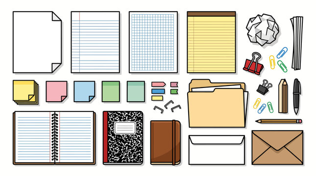 Set of paper and stationery vector elements including notebooks, sticky notes, folders, and paper clips