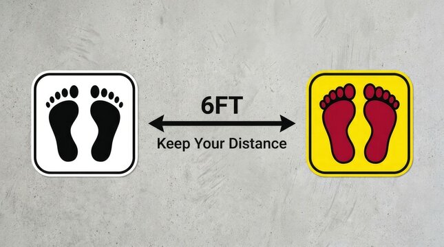Social distancing floor stickers featuring black and red footprints on a light gray concrete surface background