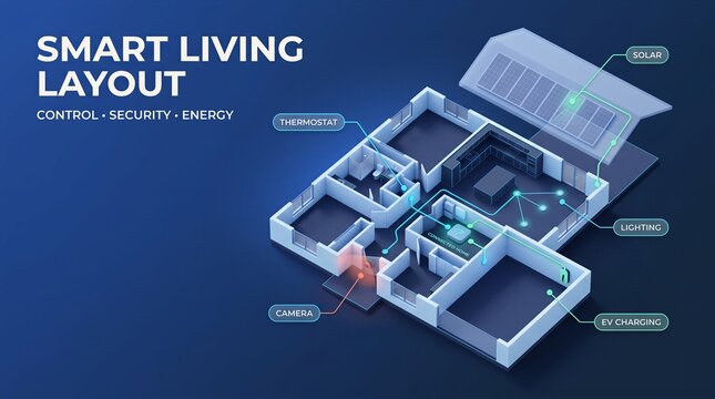 Isometric smart home floor plan displaying connected automation systems for energy management and security
