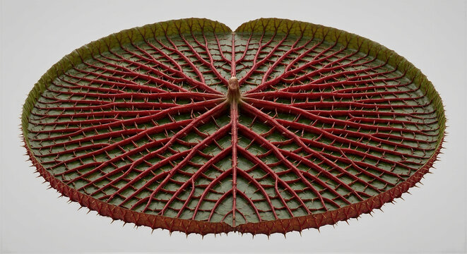 Underside of giant Victoria Amazonica water lily leaf showing red vascular rib structure and protective spines, botanical geometry studio shot for nature and science background