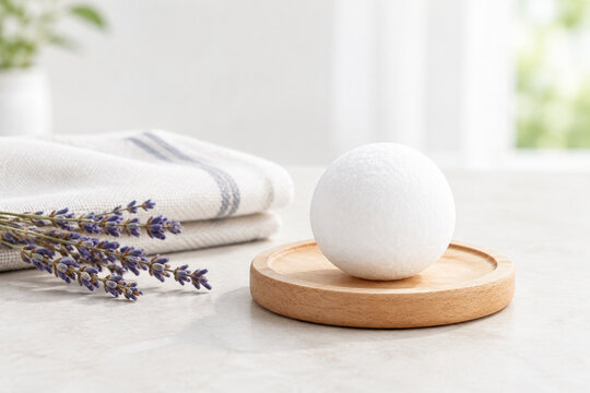 Camphor ball on wooden coaster with cotton cloth and dried lavender