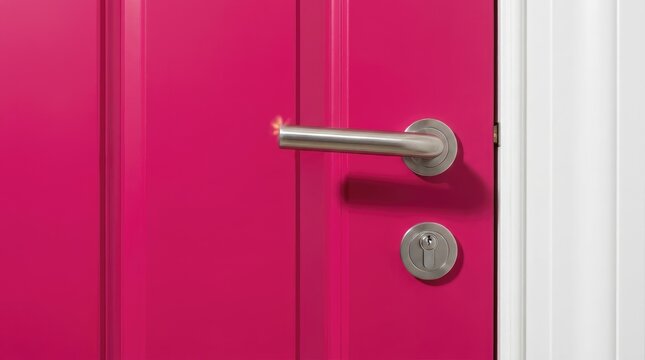Bright vibrant pink residential door featuring a polished stainless steel handle and modern metallic lock hardware
