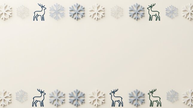 Clean winter background with top and bottom borders of 3D snowflakes and line art deer on off white surface