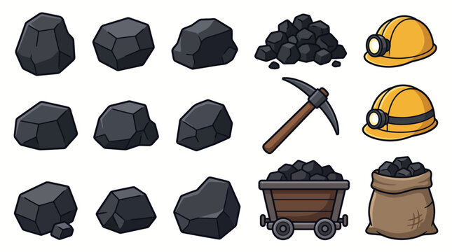 Cartoon coal mining set with coal lumps, miner helmet with lamp, pickaxe, cart and sack vector illustration