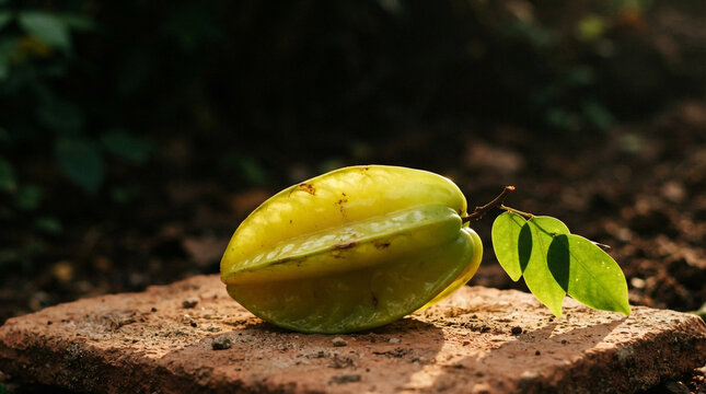 Starfruit with green leaf on raw clay surface with glowing translucent ridges and rim light