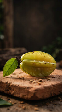 Whole carambola with crisp green leaf on terracotta surface with warm backlight and dark background