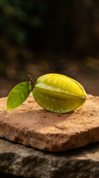 Starfruit with translucent waxy yellow-green ridges on raw terracotta clay with dramatic rim light