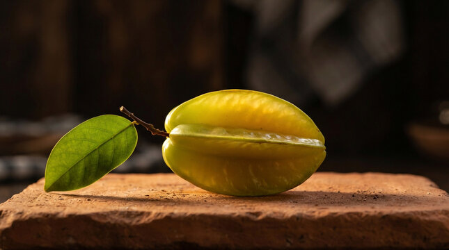 Low-angle macro shot of whole starfruit with green leaf on terracotta slab with warm rim lighting