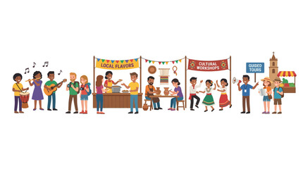Fototapeta premium Diverse people enjoying cultural festival with music, food stalls, crafts, and tours