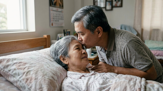 An elderly Asian man tenderly kissing his bedridden wife on the forehead, depicting love, caregiving, and support in a senior healthcare setting.