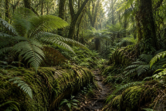 Uncivilized primeval forest floor with ferns and mossy logs