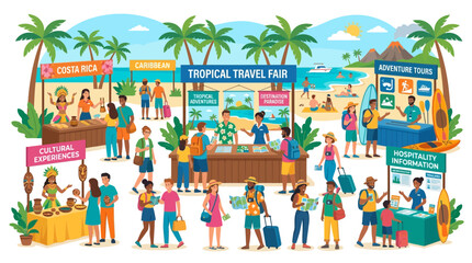 Fototapeta premium Tropical Travel Fair with People Exploring Destinations and Activities