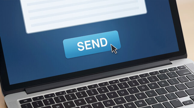 Close-up of Laptop Screen with Mouse Cursor Clicking on Blue Send Button for Email, Online Messaging, and Digital Communication Concept