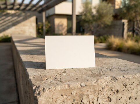 Blank white 4x6 postcard mockup resting on a rough concrete wall outdoors with soft morning sunlight casting shadows.