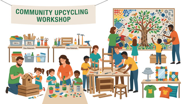 Community Upcycling Workshop: Diverse People Creating Art and Crafts from Recycled Materials