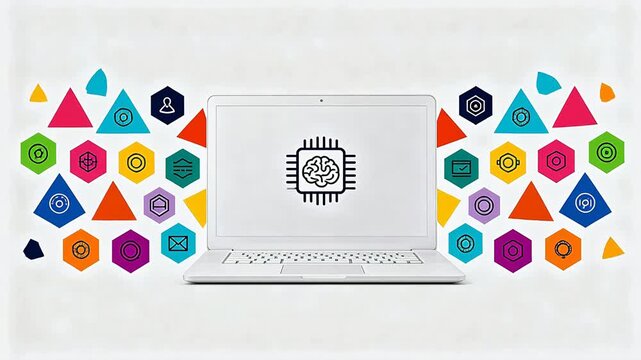 White laptop displaying a brain chip surrounded by colorful geometric shapes