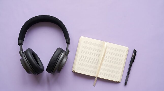 Overhead Headphones and Open Notebook with Pen on a Purple Background