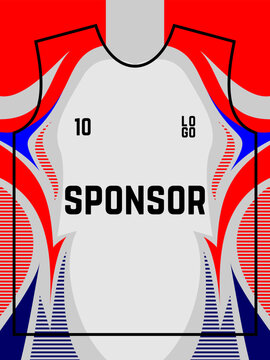 White athletic sports jersey mockup with red and navy blue swoosh shoulder graphic for team uniform