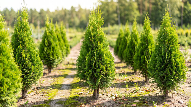 Rows of tall lush green cypress trees growing in a sunny outdoor nursery plantation, horticulture concept