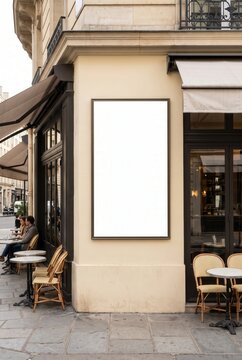 An empty vertical frame mockup for advertising and branding, mounted on a traditional cream-colored Parisian-style building. 