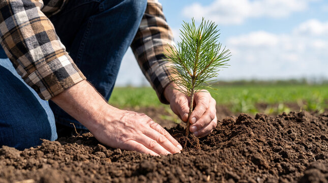 Elderly hands planting a pine seedling in dark soil in an open field, a reforestation and agriculture concept