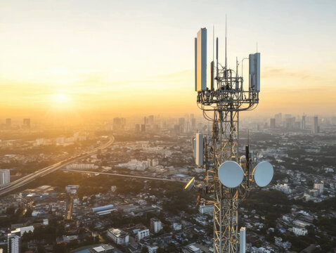 Telecommunication tower cellular network antenna on city background