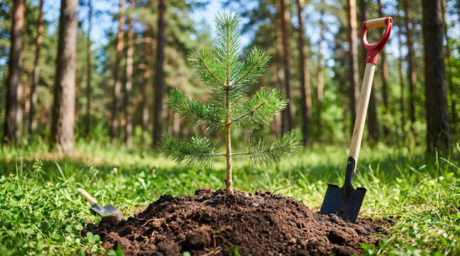  Young pine sapling planted on a dark soil mound in a sunny forest with two shovels, reforestation concept