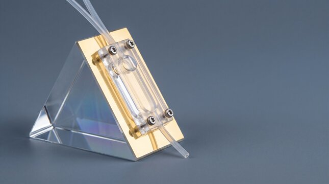 Macro studio photograph of optical glass triangular biosensor prism coated with micro thin fifty nanometer pure gold film for label free biomolecular interaction analysis in diagnostic clinical lab