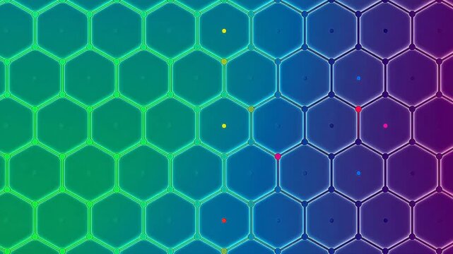 Hexagonal honeycomb grid with multicolored dots on a white background