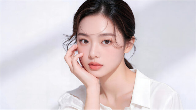 白いブラウスで頬杖をつくまとめ髪の女性