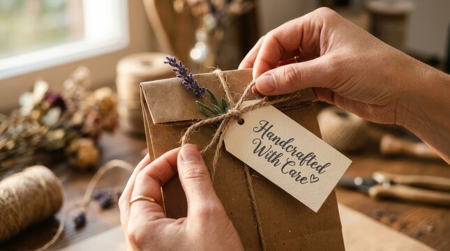 Hands carefully tying rustic twine around brown paper gift package decorated with fresh purple lavender sprigs