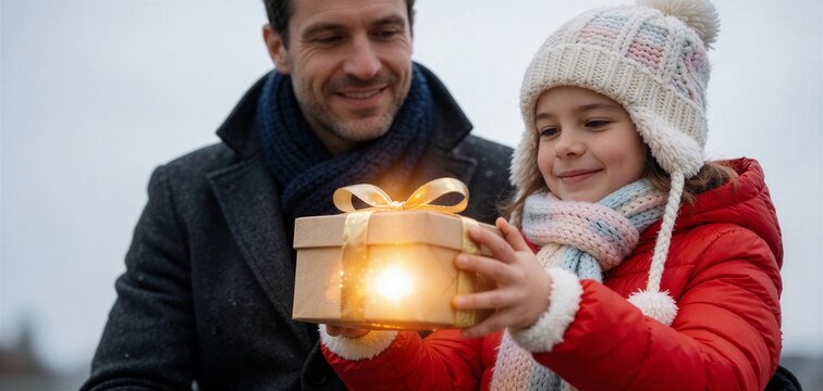 A mother and daughter share a warm moment holding a glowing, ribboned gift box while walking with Christmas shopping bags outdoors.