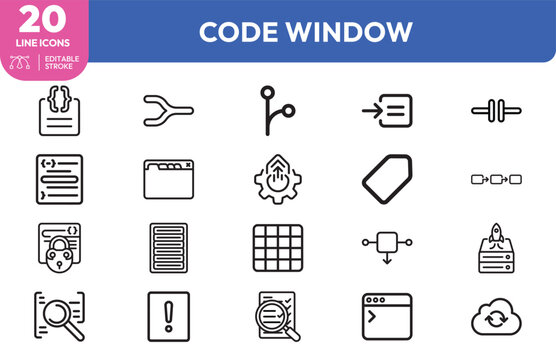Workspace terminal, debug, code branch, network node, security shield, server rack, cloud sync, error alert, mobile device, folder storage. Editable stroke. Vector illustration.
