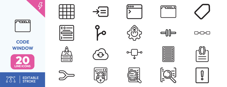 Workspace terminal, code editor, network nodes, security locks, utility tools. Editable stroke. Vector illustration.
